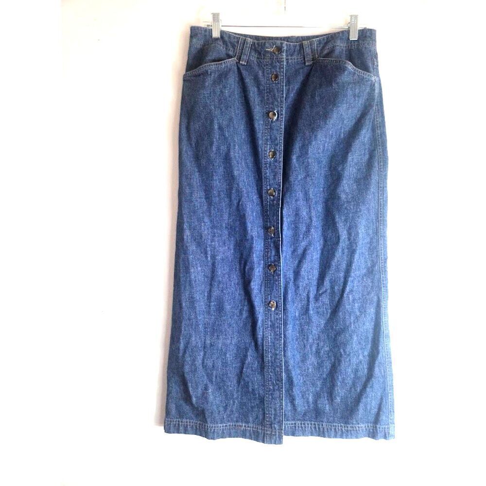 Jones New York Blue Denim 100% Cotton Button Front Pencil Midi Skirt size 10